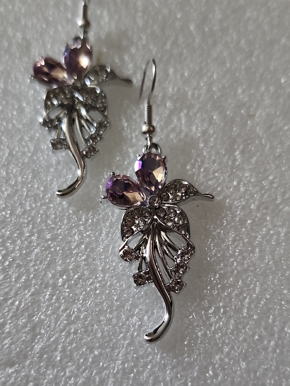 Hand Crafted Silver Floral Earrings with Lavender Crystals